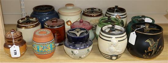 A Crown Devon Kingfisher tobacco jar and 13 other tobacco jars, various (14)